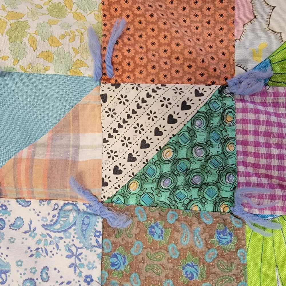 Patchwork Quilt Vintage HandMade Tied Pink Colorful Gingham Hand Applied Binding